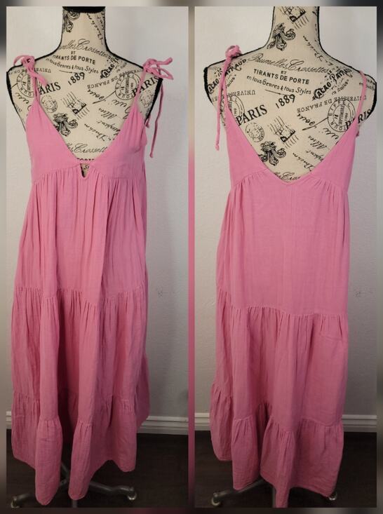 Zara Dresses & Skirts - Zara Maxi Dress SZ XS Tiered Cotton Gauze Tie Strap Pink Euro Summer Bohemian